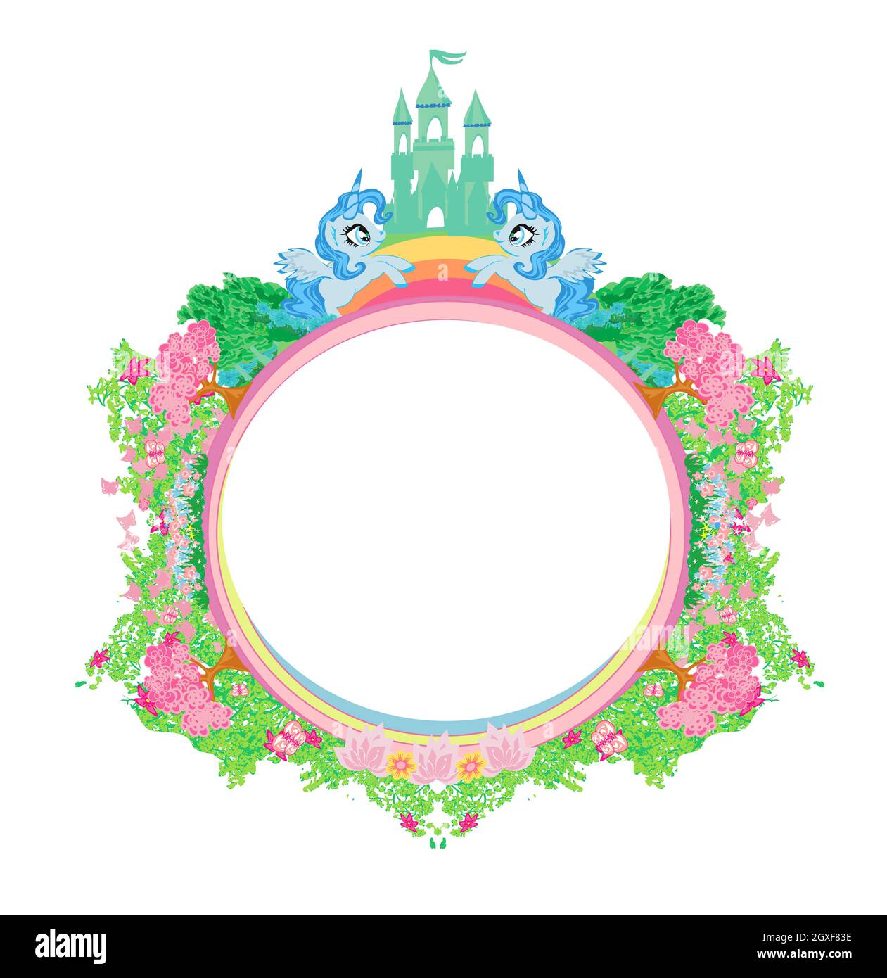 Card with a cute unicorns, rainbow and flowery meadow Stock Photo - Alamy