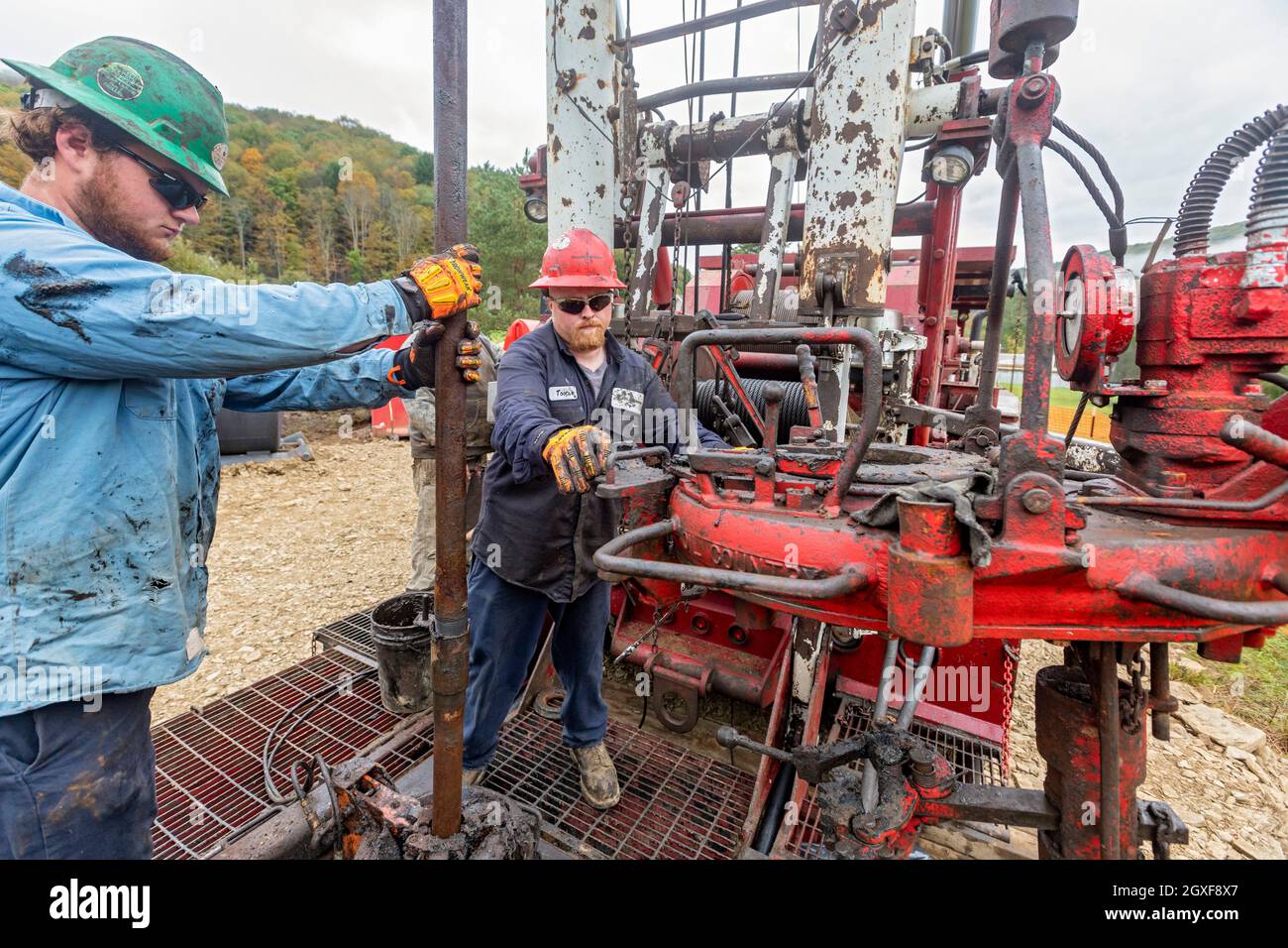 Bradford, Pennsylvania - Workers for the nonprofit Well Done Foundation plug an abandoned oil well that was leaking methane. The well was drilled in t Stock Photo