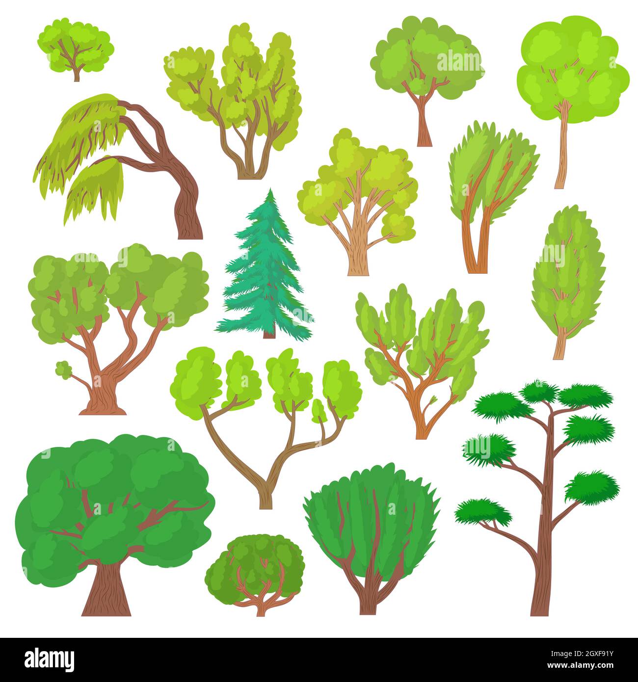 Tree icons set in cartoon style isolated on white background Stock ...