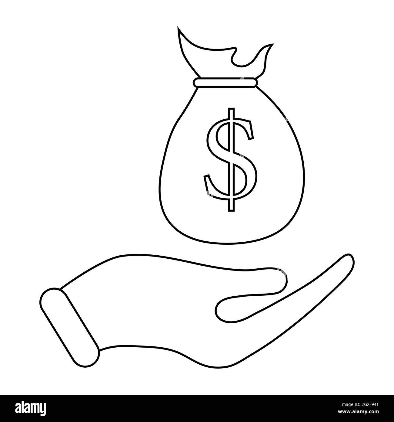 Hand holding money bag icon in outline style on a white background ...