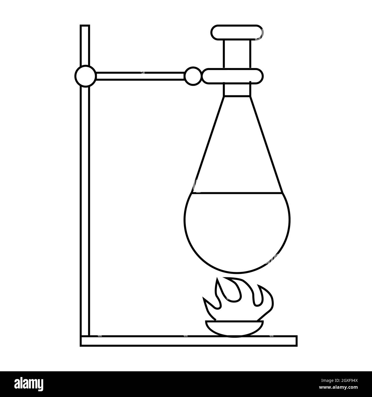 Retort stand, bunsen burner and test flask icon in outline style on a white background Stock Photo