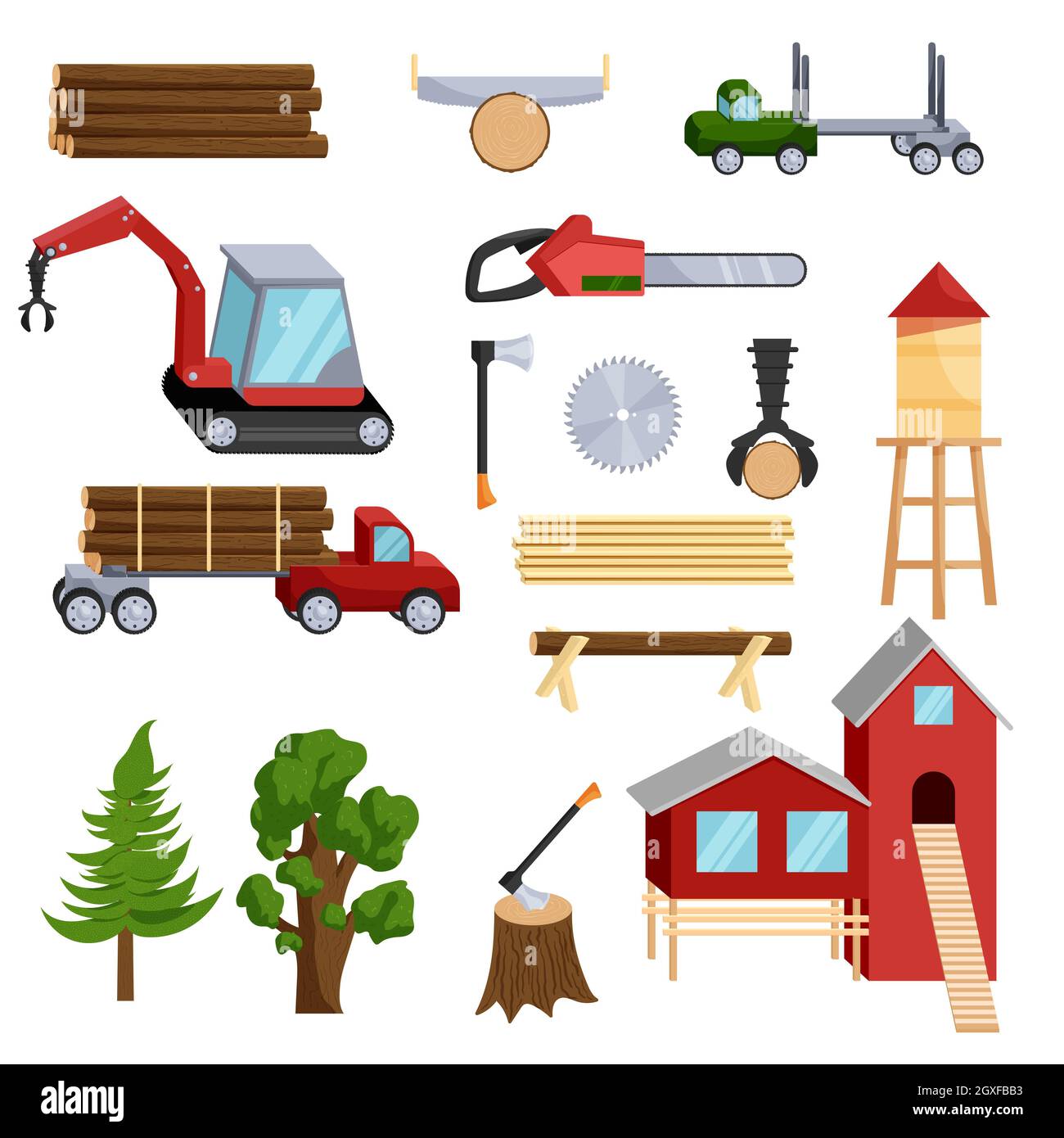 Timber industry icons set in cartoon style isolated on white background ...
