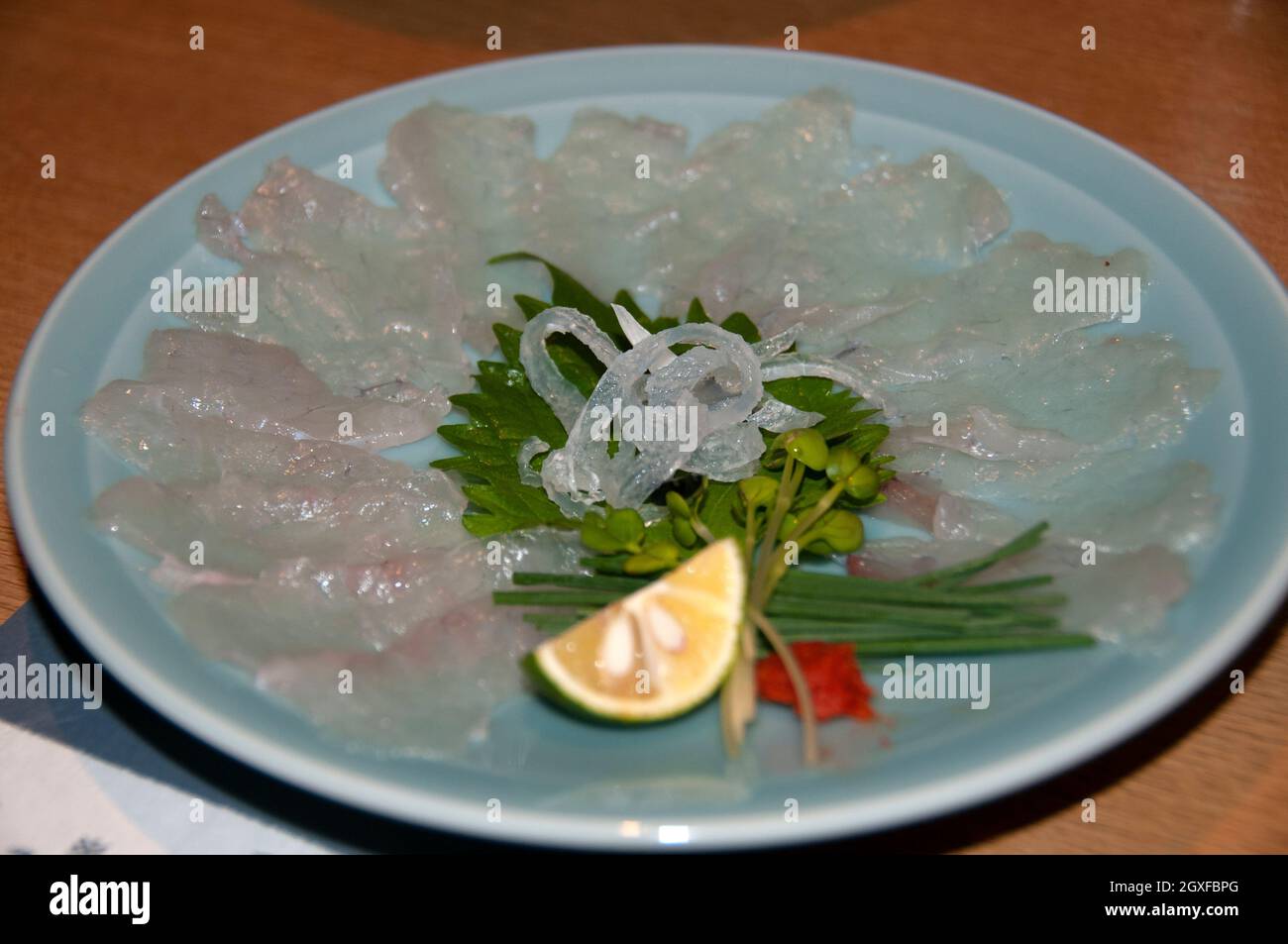 Slices of fugu sashimi, a Japanese culinary delicacy, Enoshima, Japan