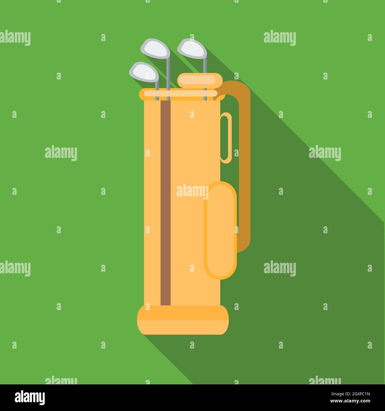 Golf clubs in an orange bag icon in flat style on a green background Stock Photo
