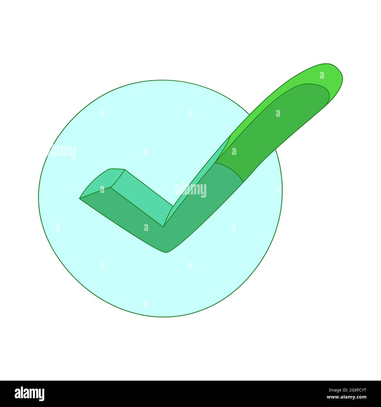 Hand drawn green tick icon in cartoon style isolated on white background Stock Photo