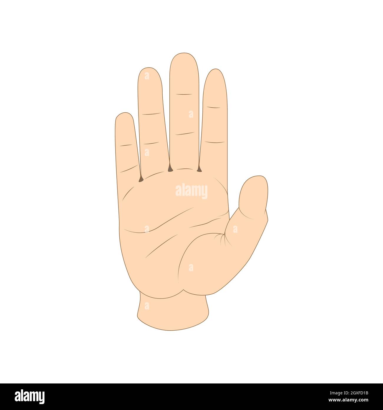 One hand. Hand showing five fingers. A welcome gesture. Stopping gesture.  stop character. Opened palm of the hand. Painted hand. Contour arm.  Illustration of five fingers. Stock Illustration
