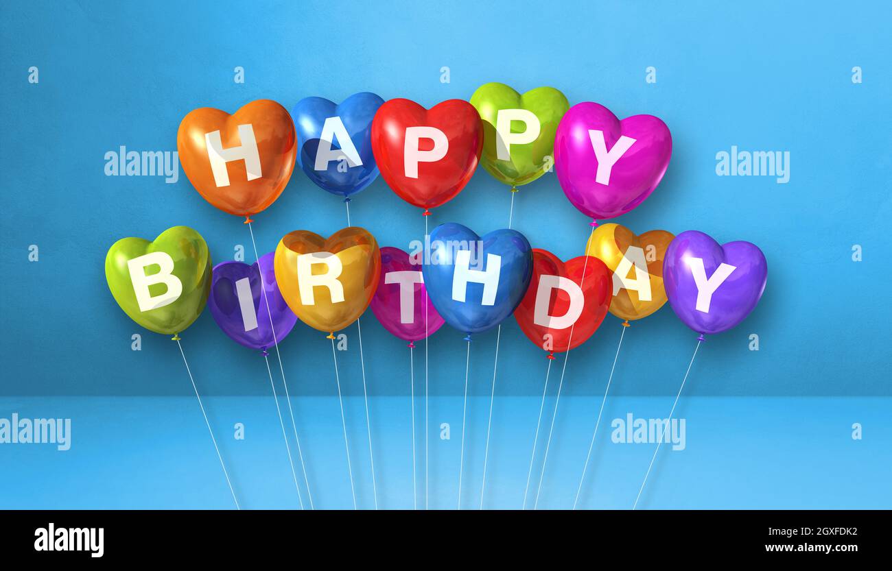 Colorful happy birthday heart shape air balloons on a blue background ...
