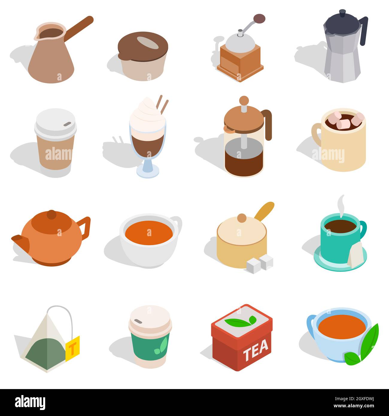 Tea and coffee set in isometric 3d style isolated on white background ...