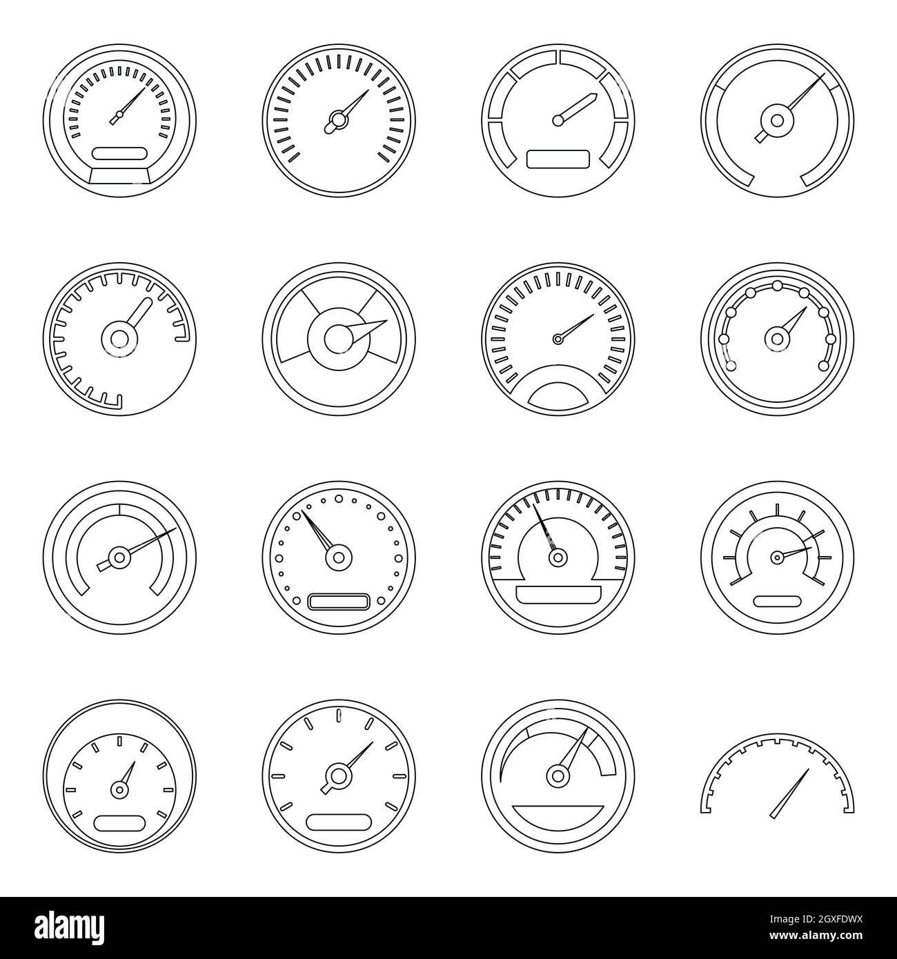 Speedometer icons set in outline style isolated vector illustration