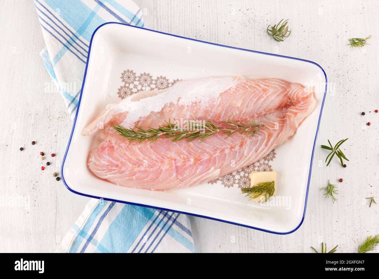 Delicious fresh fish fillet. Luxurious seafood eating. Stock Photo