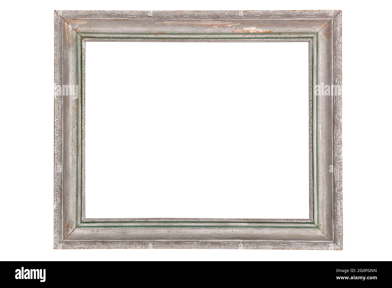 Old vintage silver picture frame isolated on white background with clipping path. Stock Photo