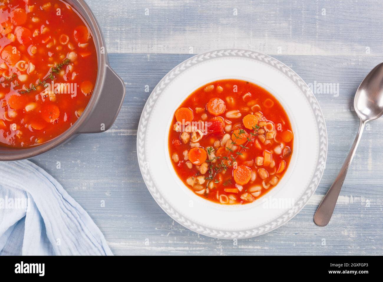 Delicious minestrone soup. Luxurious italian eating. Stock Photo