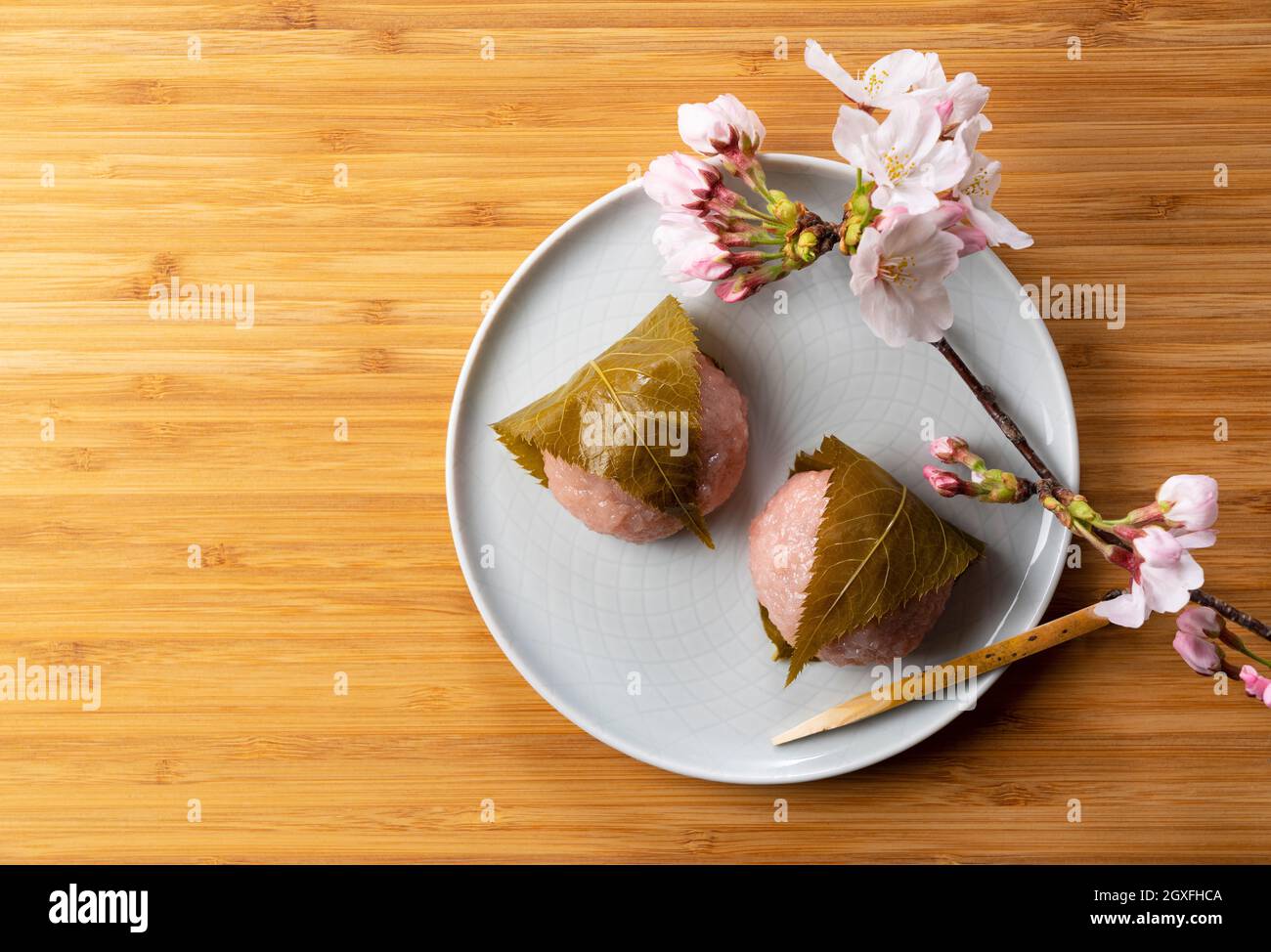 rice cake with bean paste wrapped in a preserved cherry leaf.Japanese ...