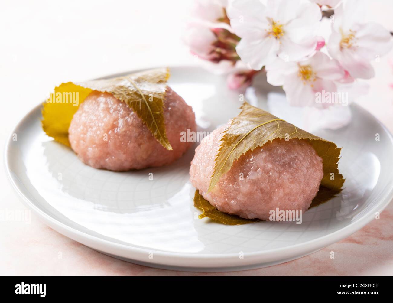 rice cake with bean paste wrapped in a preserved cherry leaf.Japanese