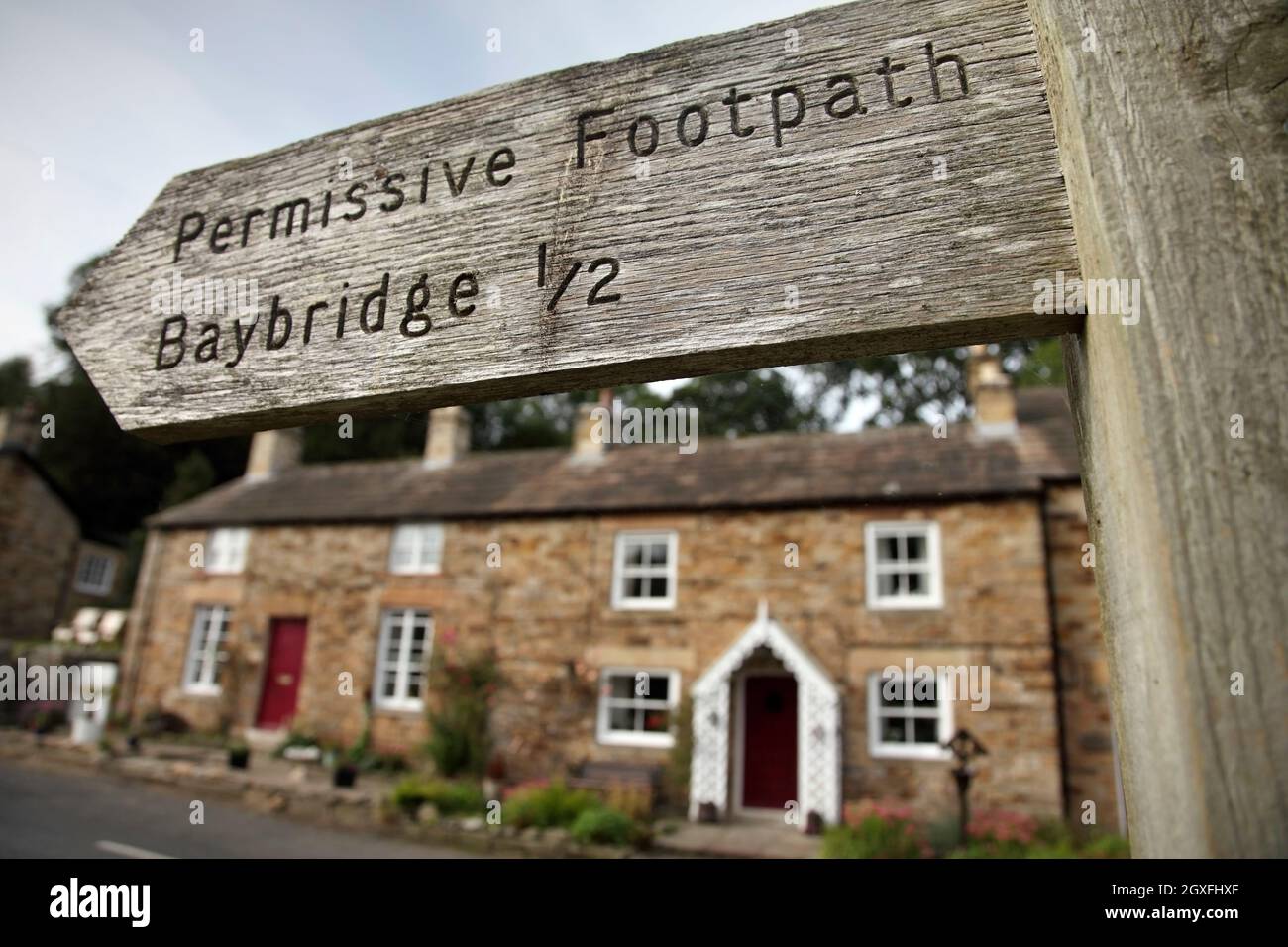 Footpath sign to Baybridge at Blanchland, Northumberland, UK, Stock Photo