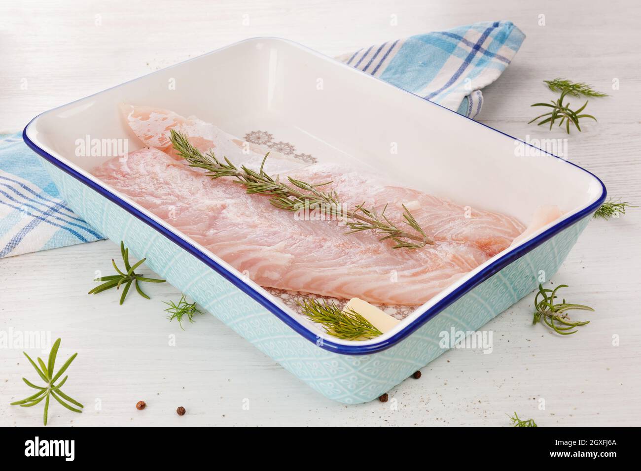 Delicious fresh fish fillet. Luxurious seafood eating. Stock Photo