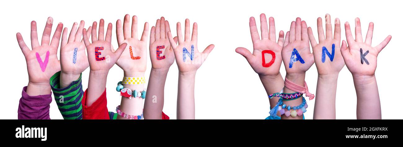 Children Hands Building Colorful German Word Vielen Dank Means Thank You. White Isolated Background Stock Photo
