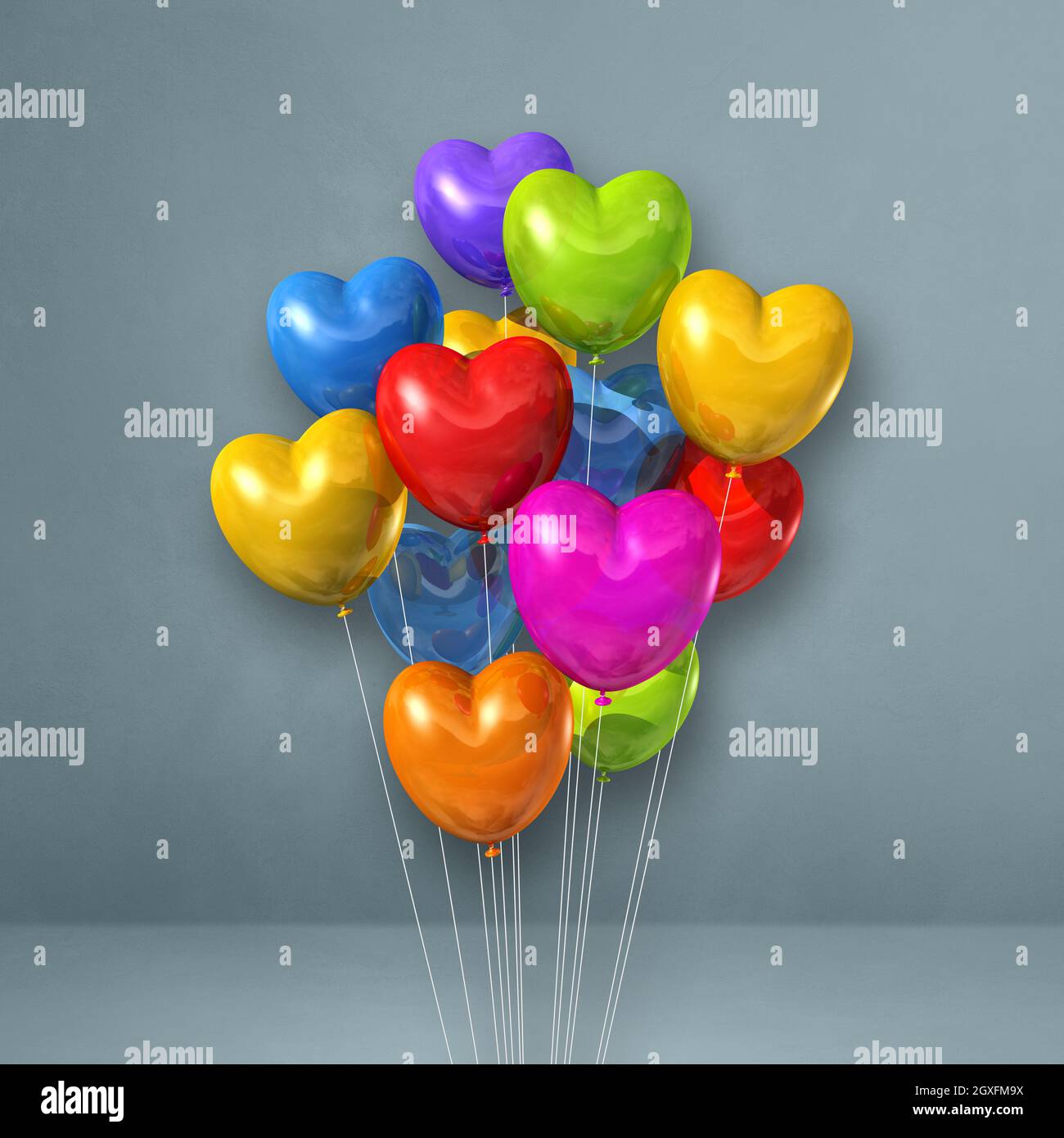 Colorful heart shape balloons bunch on a grey wall background. 3D ...