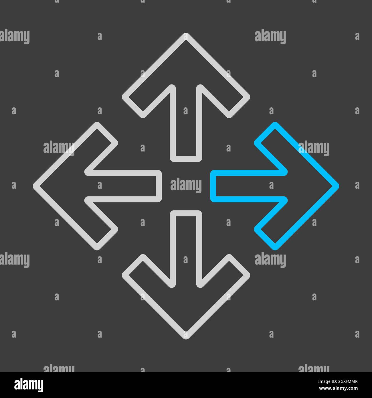 Four arrows pointing from the center vector icon on dark background. Navigation sign. Graph symbol for travel and tourism web site and apps, UI Stock Photo