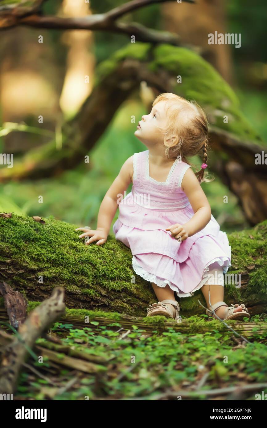 Little girl in the dark green forest Stock Photo - Alamy