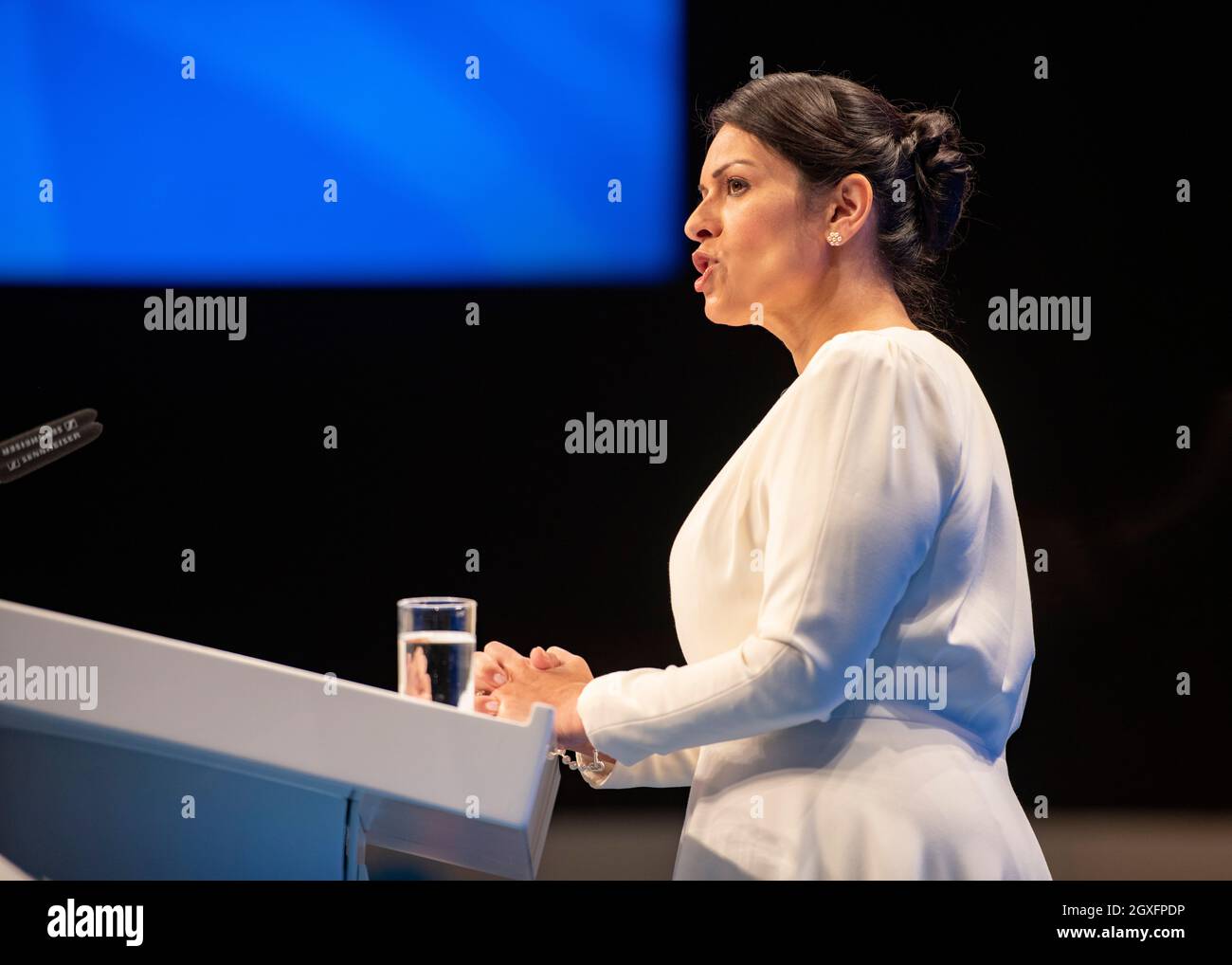 Manchester, England, UK. 5th Oct, 2021. PICTURED: Rt Priti Patel MP - UK Home Secretary delivering her key note speech to Conference. Scenes during the at the Conservative party Conference #CPC21. Credit: Colin Fisher/Alamy Live News Stock Photo
