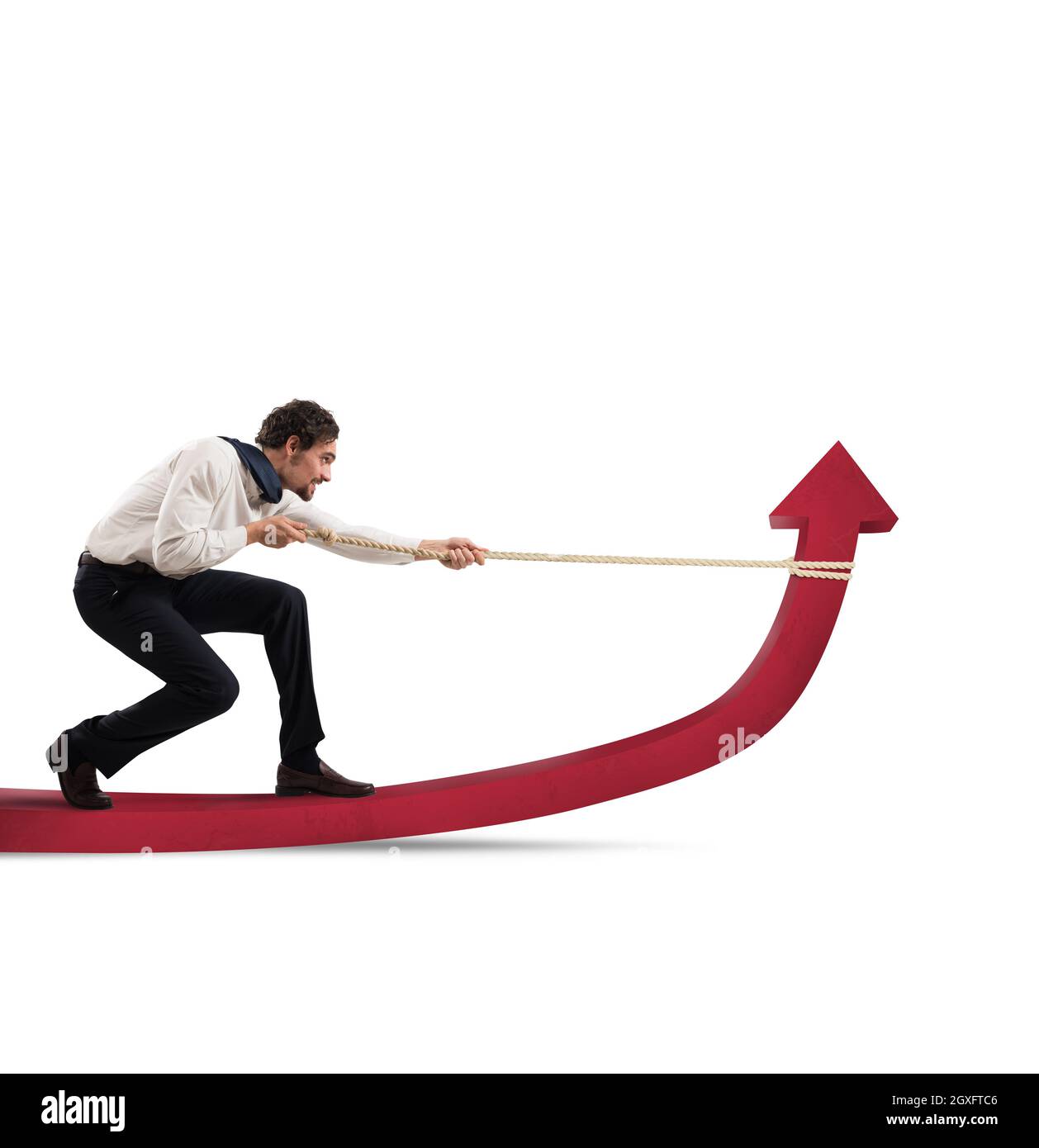 Determinated businessman with much effort lifts statistics arrow with a