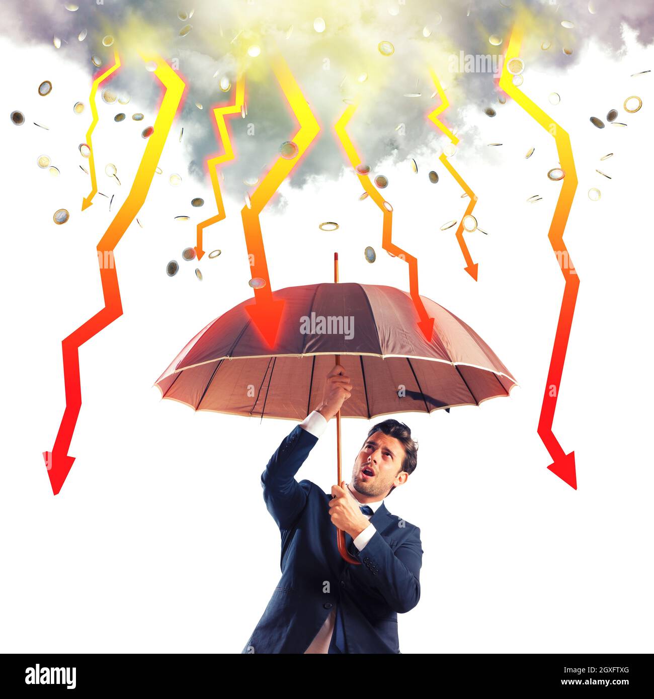 Businessman sheltered with umbrella from lightning arrow Stock Photo