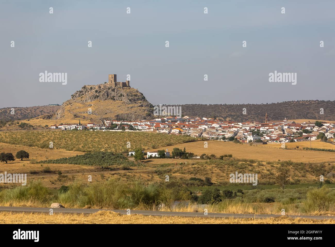 Bélmez Córdoba Spain - 09 12 2021: Amazing view at the Bélmez medieval Castle, as it sits on top of a high limestone rocky outcrop, surround landscape Stock Photo