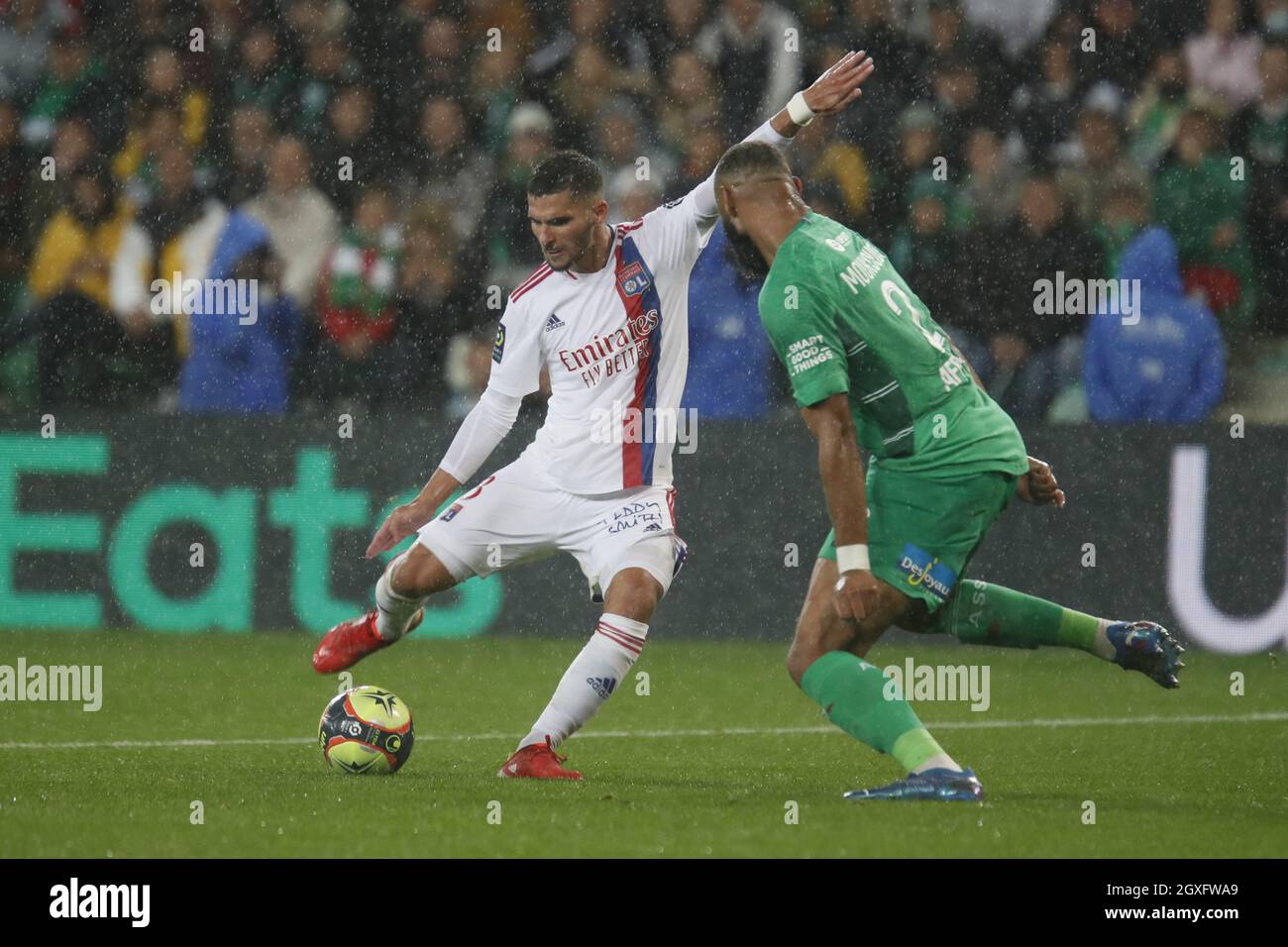 Houssem AOUAR of Lyon score a goal and Harold MOUKOUDI of Saint Etienne  during the French championship Ligue 1 football match between AS Saint- Etienne and Olympique Lyonnais on October 3, 2021 at