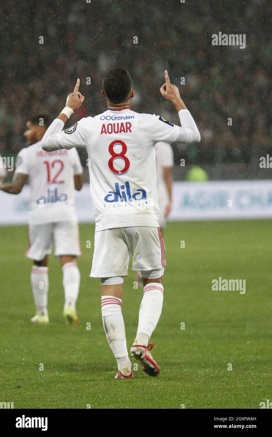 Houssem AOUAR of Lyon celebrate the goal during the French championship  Ligue 1 football match between AS Saint-Etienne and Olympique Lyonnais on  October 3, 2021 at Geoffroy Guichard stadium in Saint-Etienne, France -