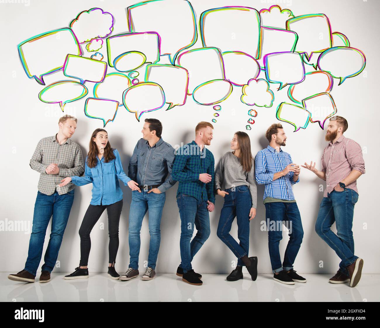 Group of boys and girls speak talking to each other. Concept of ...