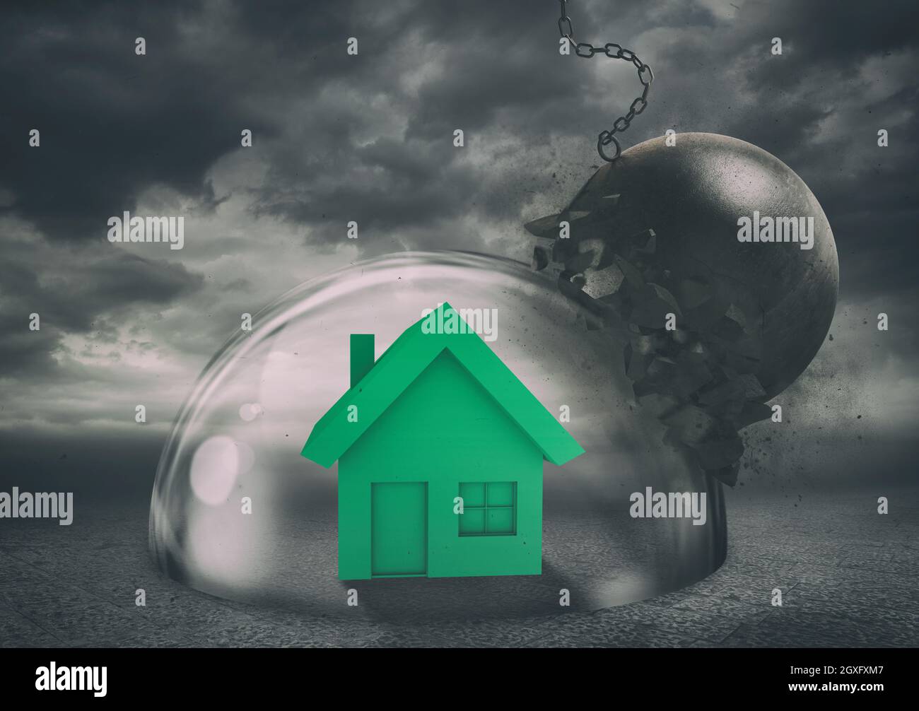 House inside a transparent sphere that protects it from a wrecking ball Stock Photo