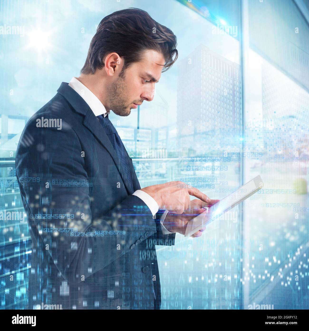 Businessman touching cellphone screen on abstract background Stock ...