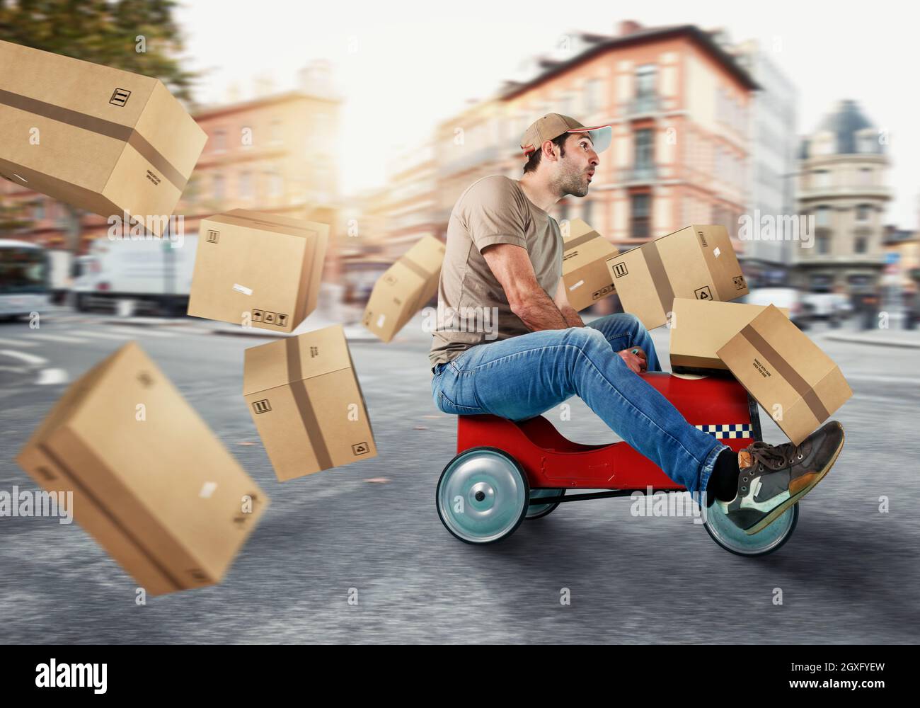 Courier drive fast with a toy car. Concept of fast and express delivery ...