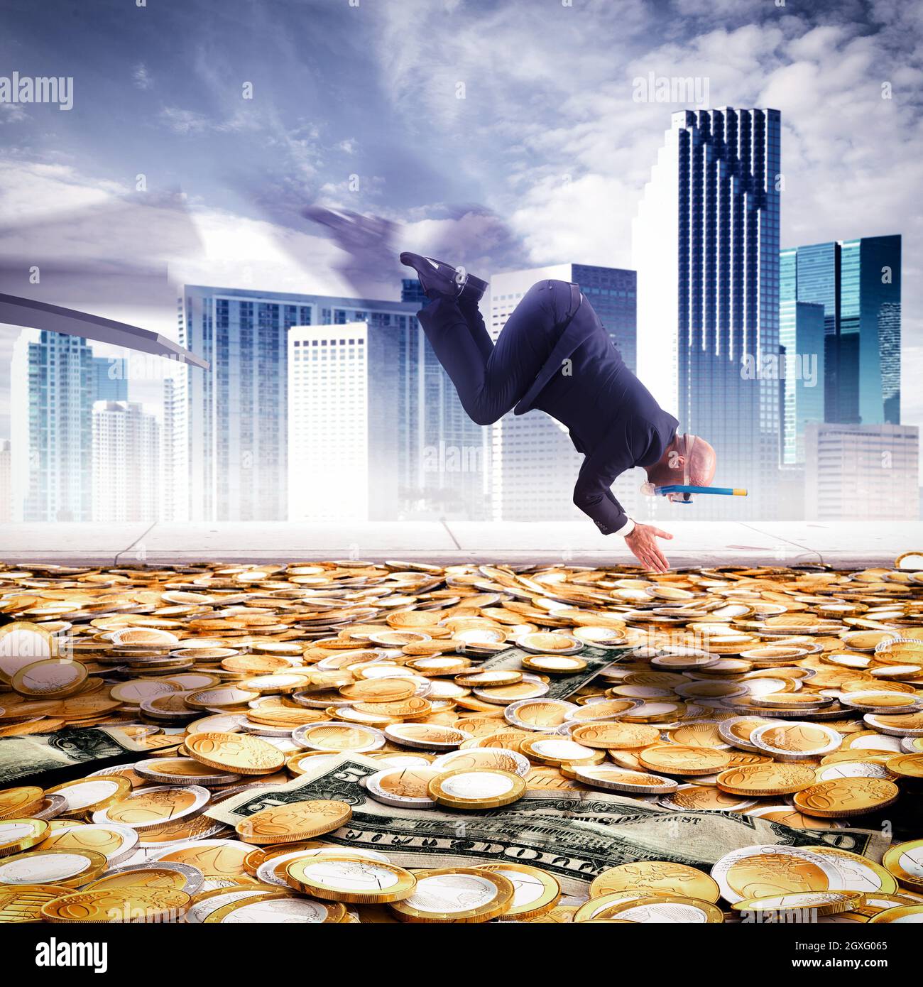 Businessman dives into the pool of money Stock Photo Alamy