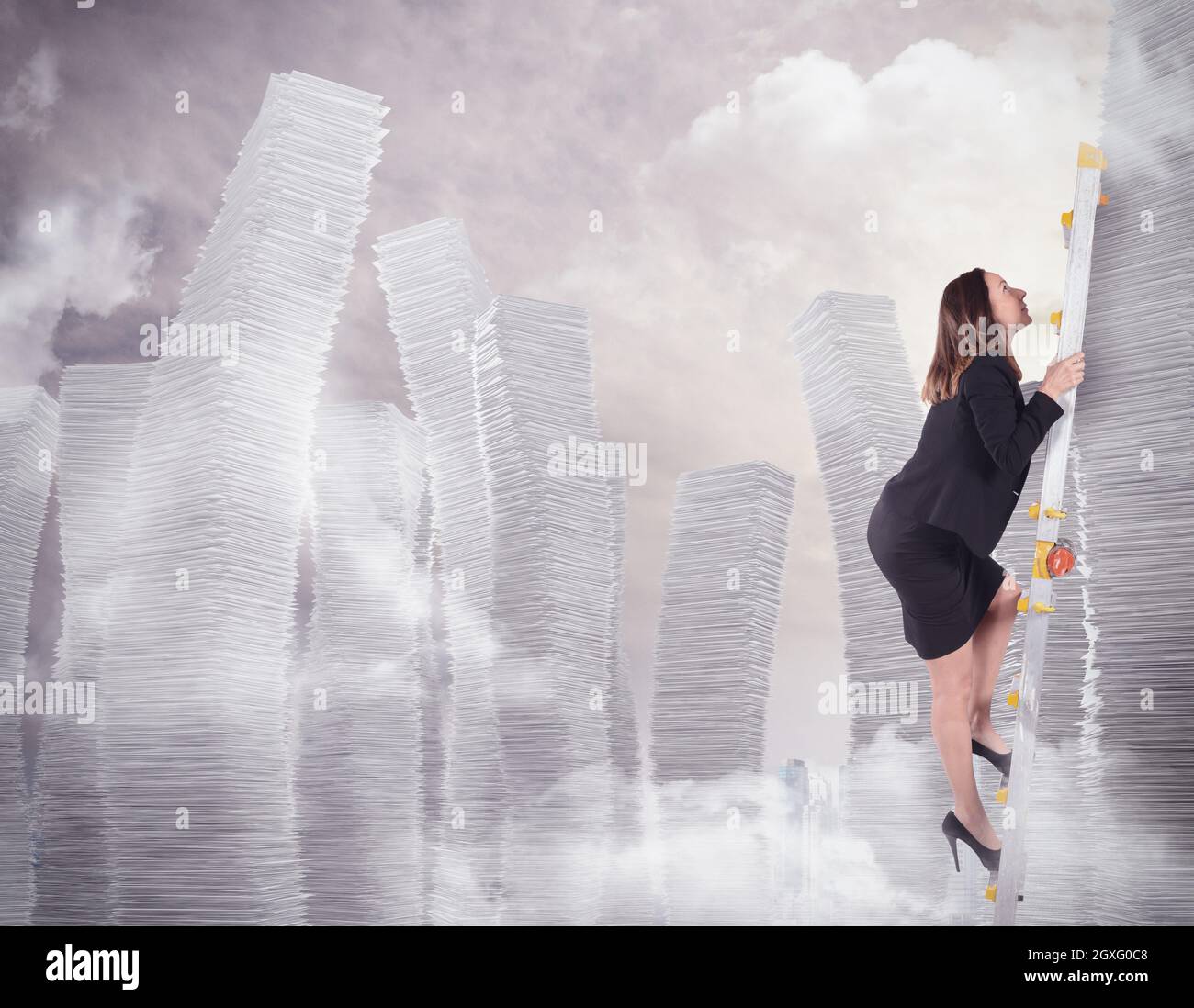 Businesswoman climbs on scale of sheets piles Stock Photo