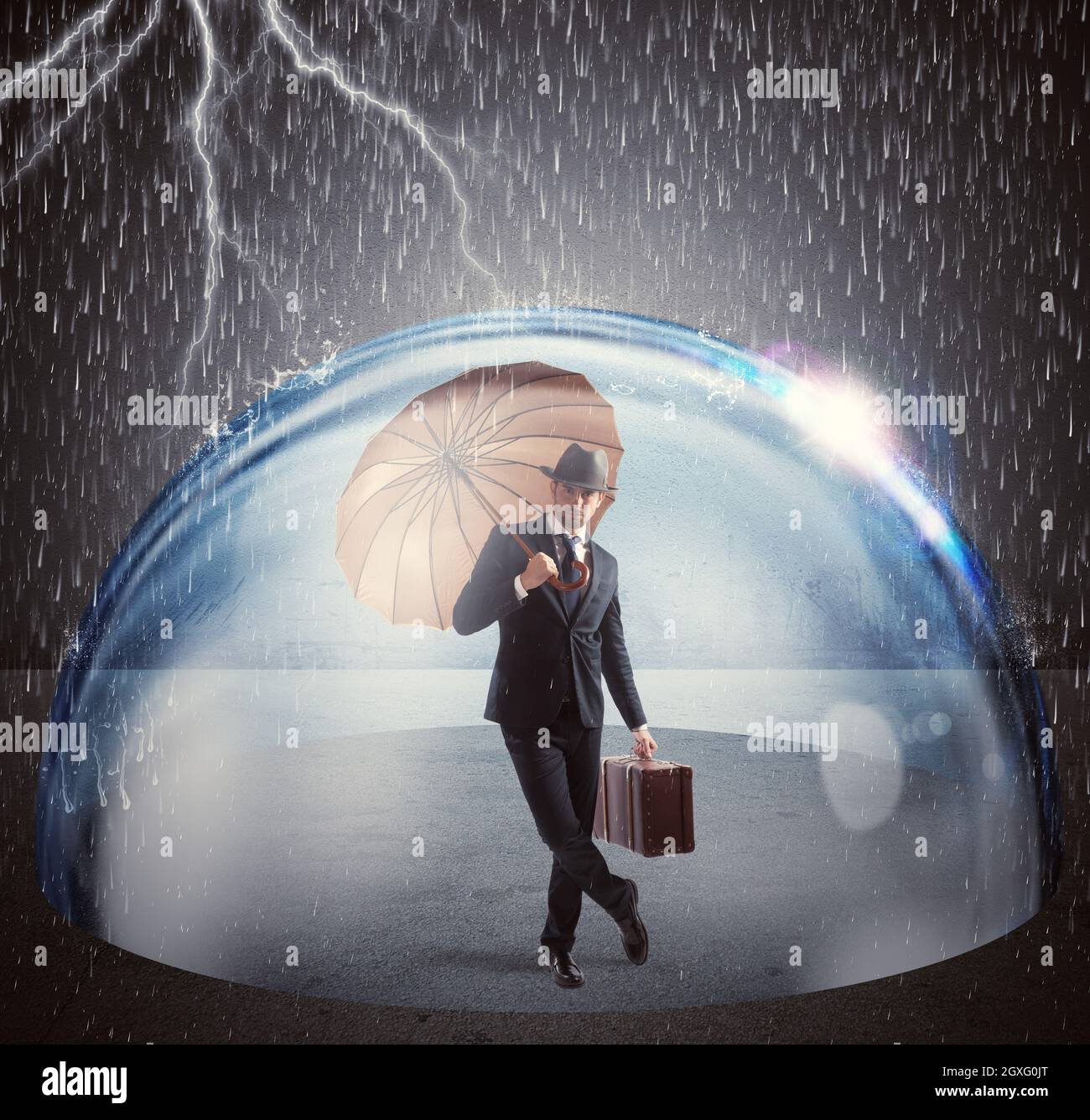 Man Inside Sphere Concept of safe success with a man inside a transparent sphere Stock ...