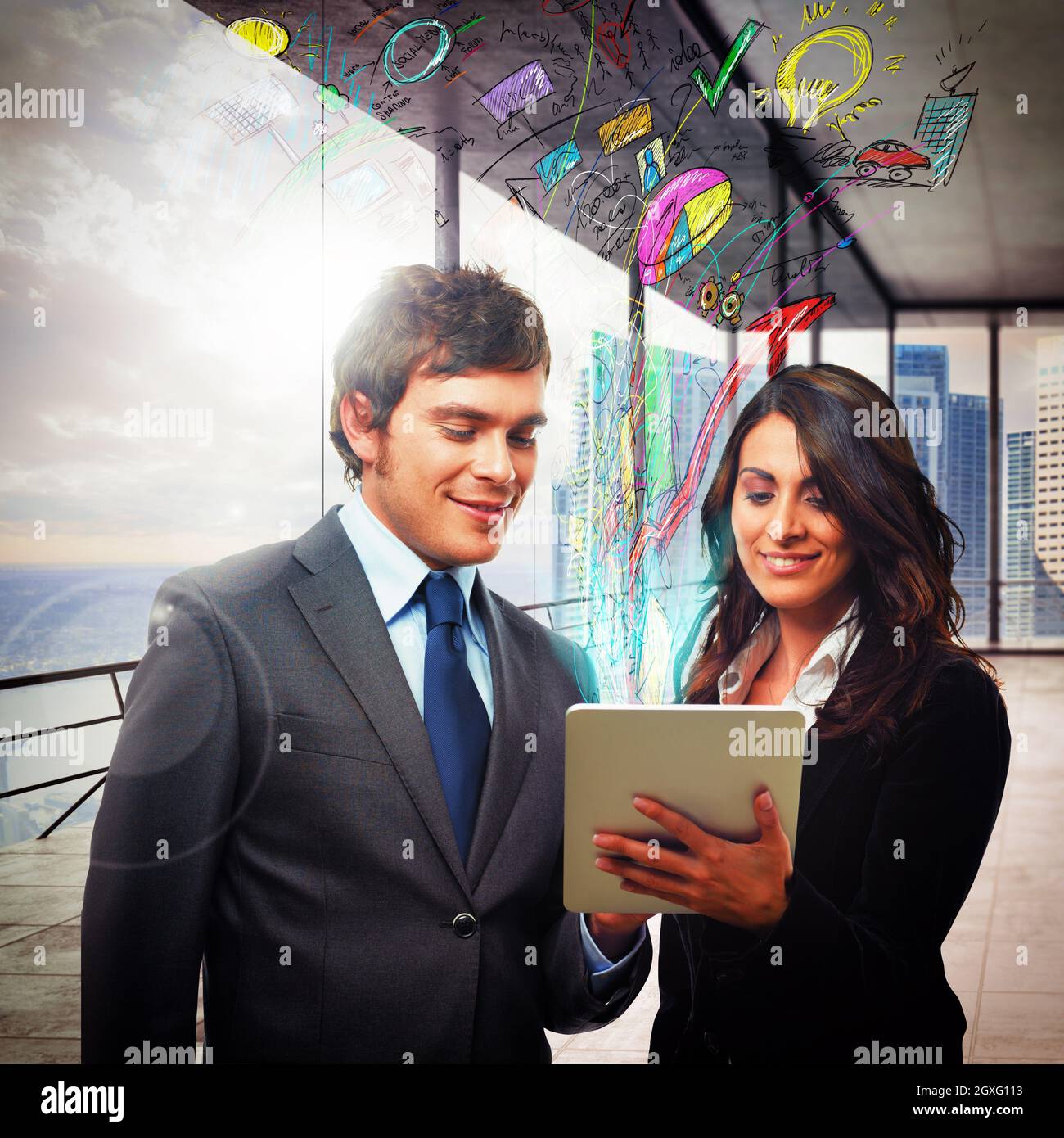 Businesspeople analyze economic data on the tablet Stock Photo