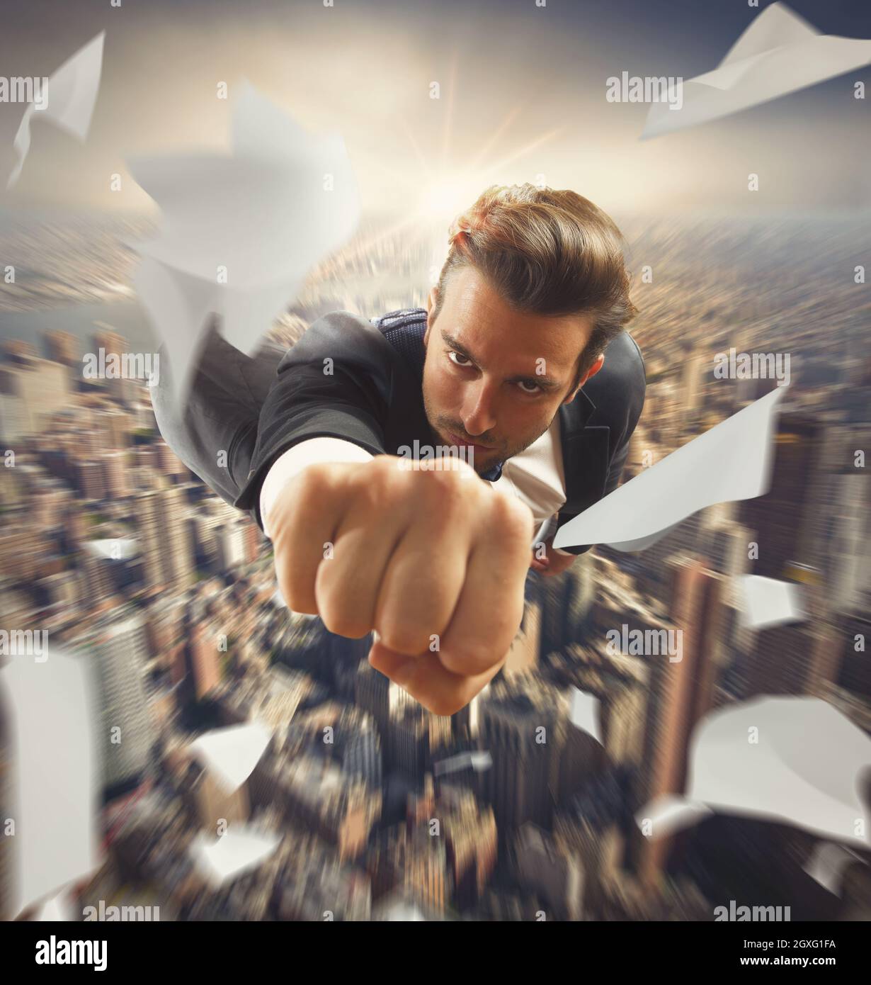 Super hero flying over city hi-res stock photography and images - Alamy