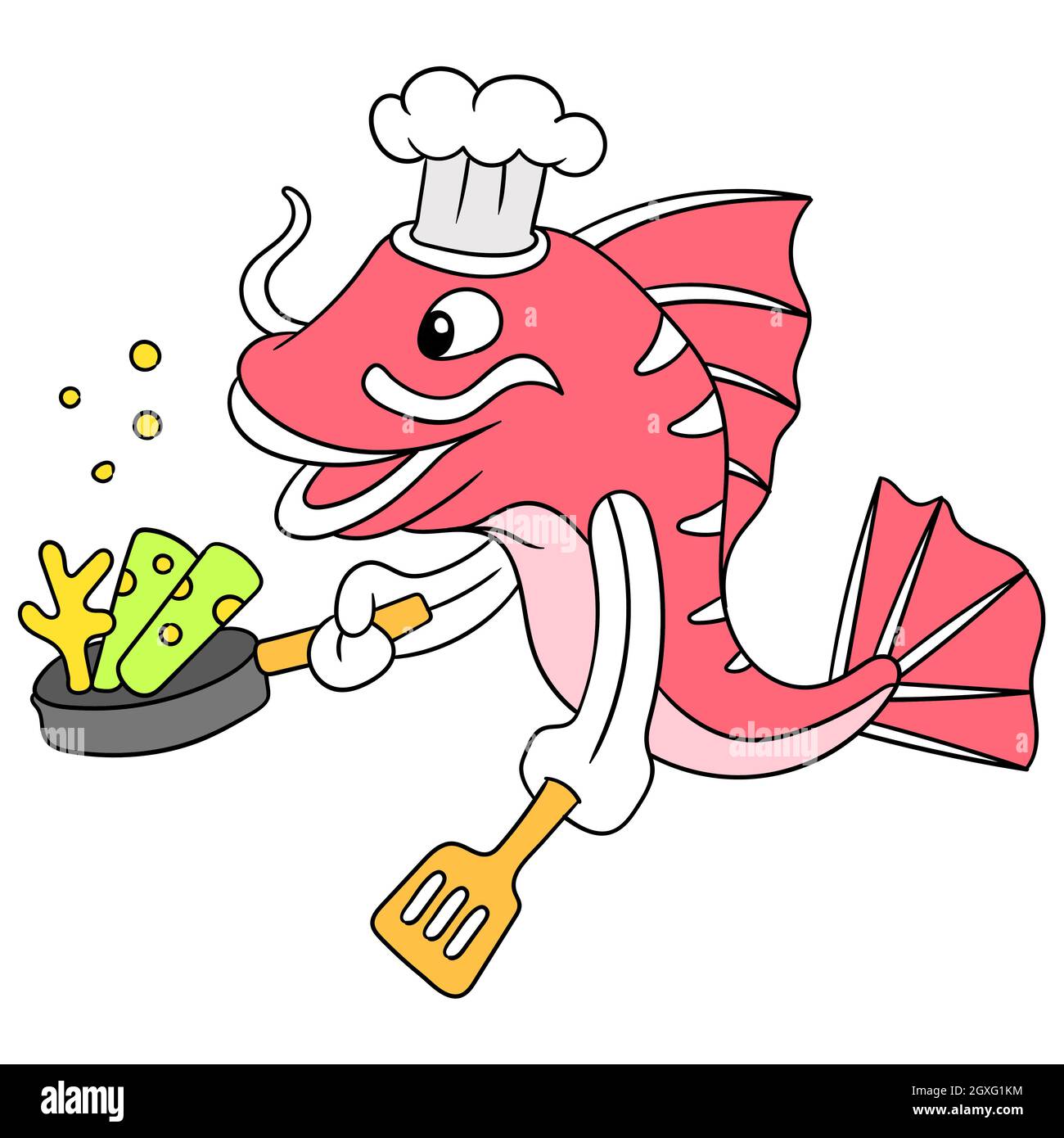 red snapper is cooking as a chef holding a frying pan Stock Vector