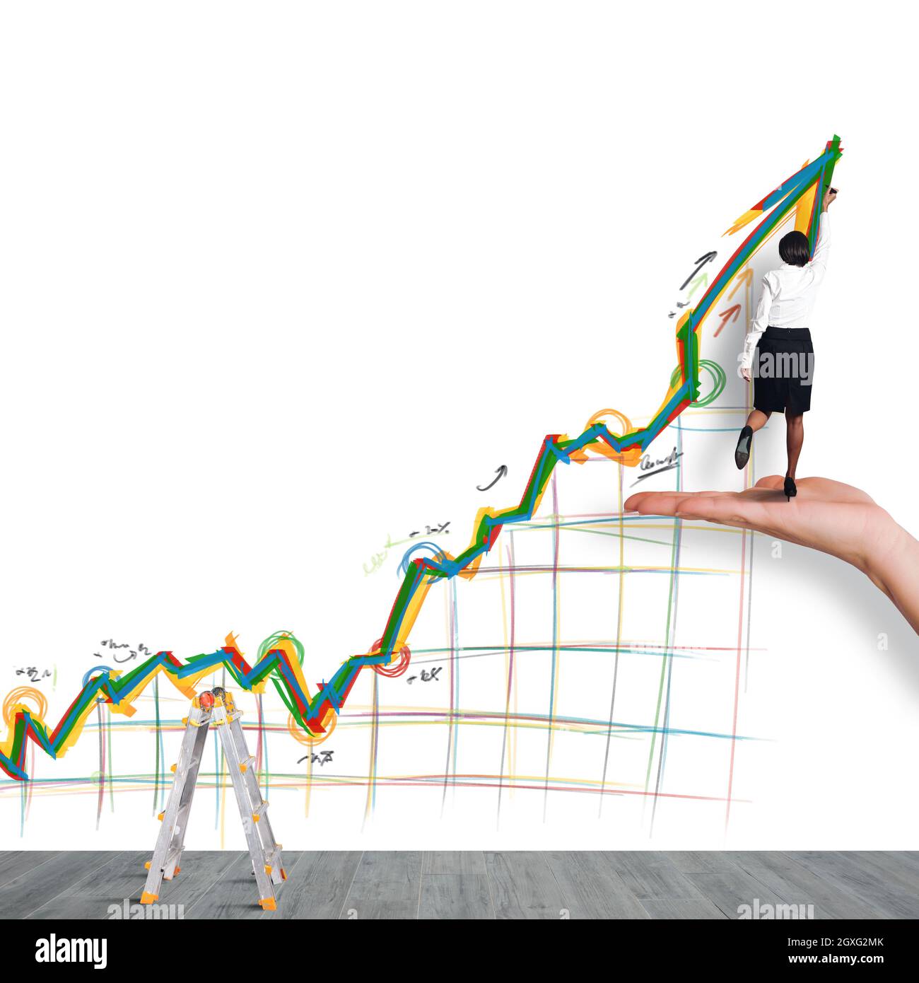 Woman draws an arrow upwards on wall Stock Photo - Alamy