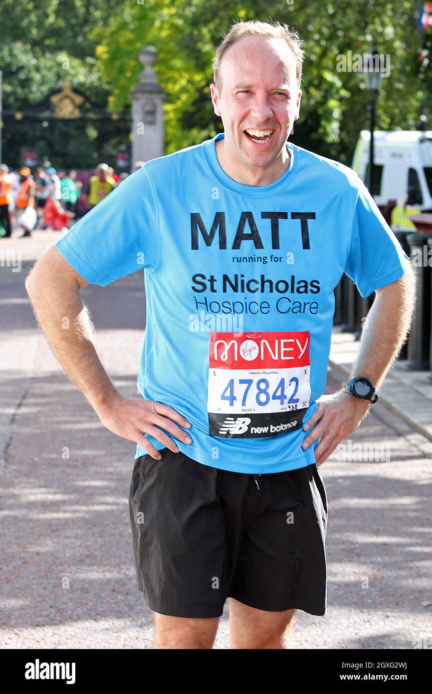 Matt Hancock MP at the finish of the 2021 Virgin London Marathon Stock ...