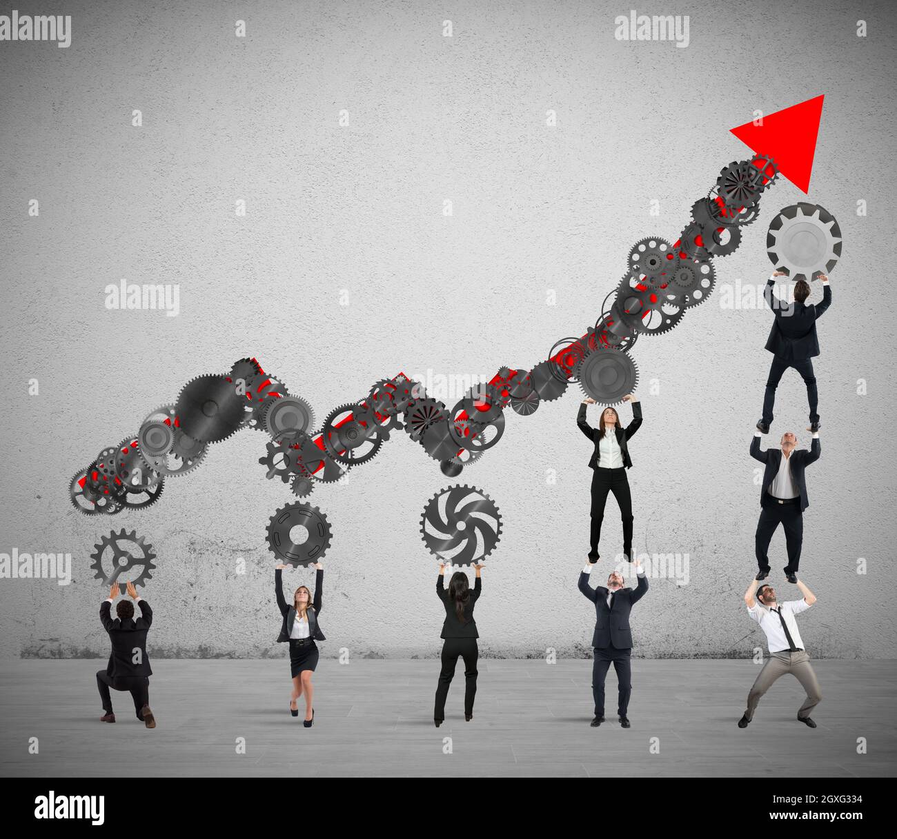 Teamwork build an arrow upwards with gears mechanism Stock Photo - Alamy