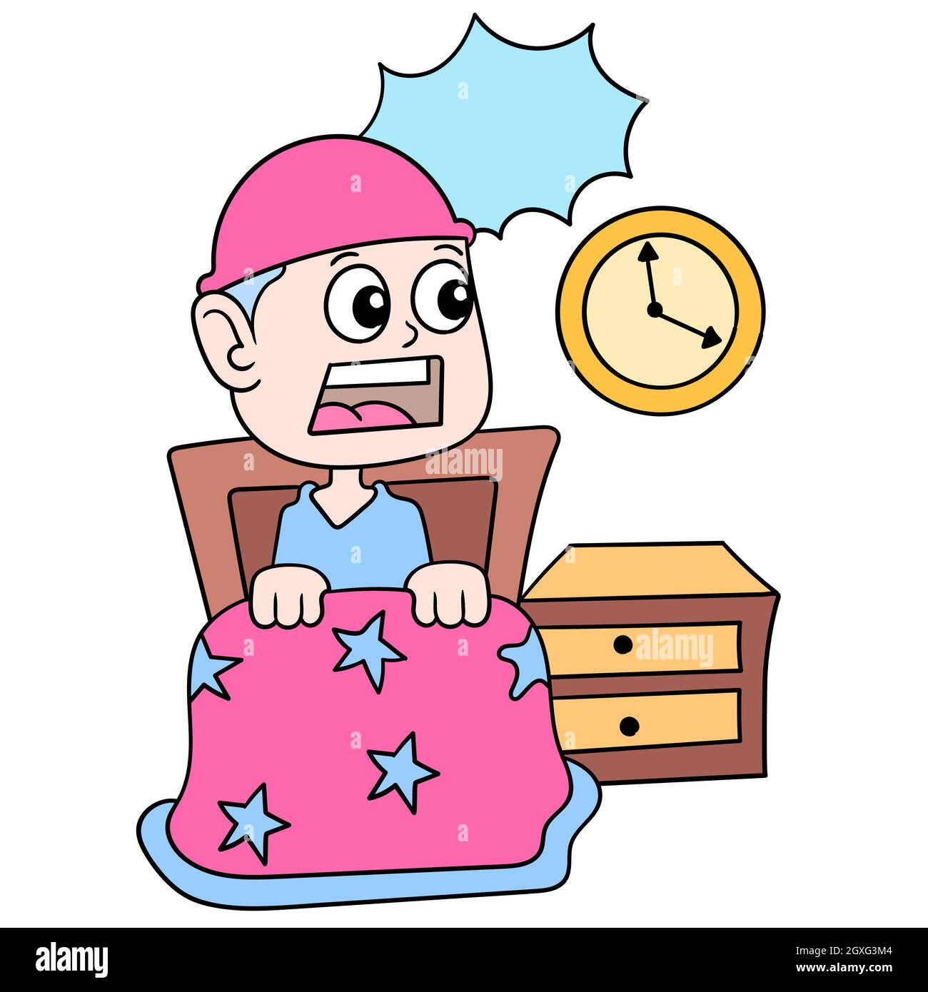 a shocked boy wakes up the middle of the night while sleeping Stock