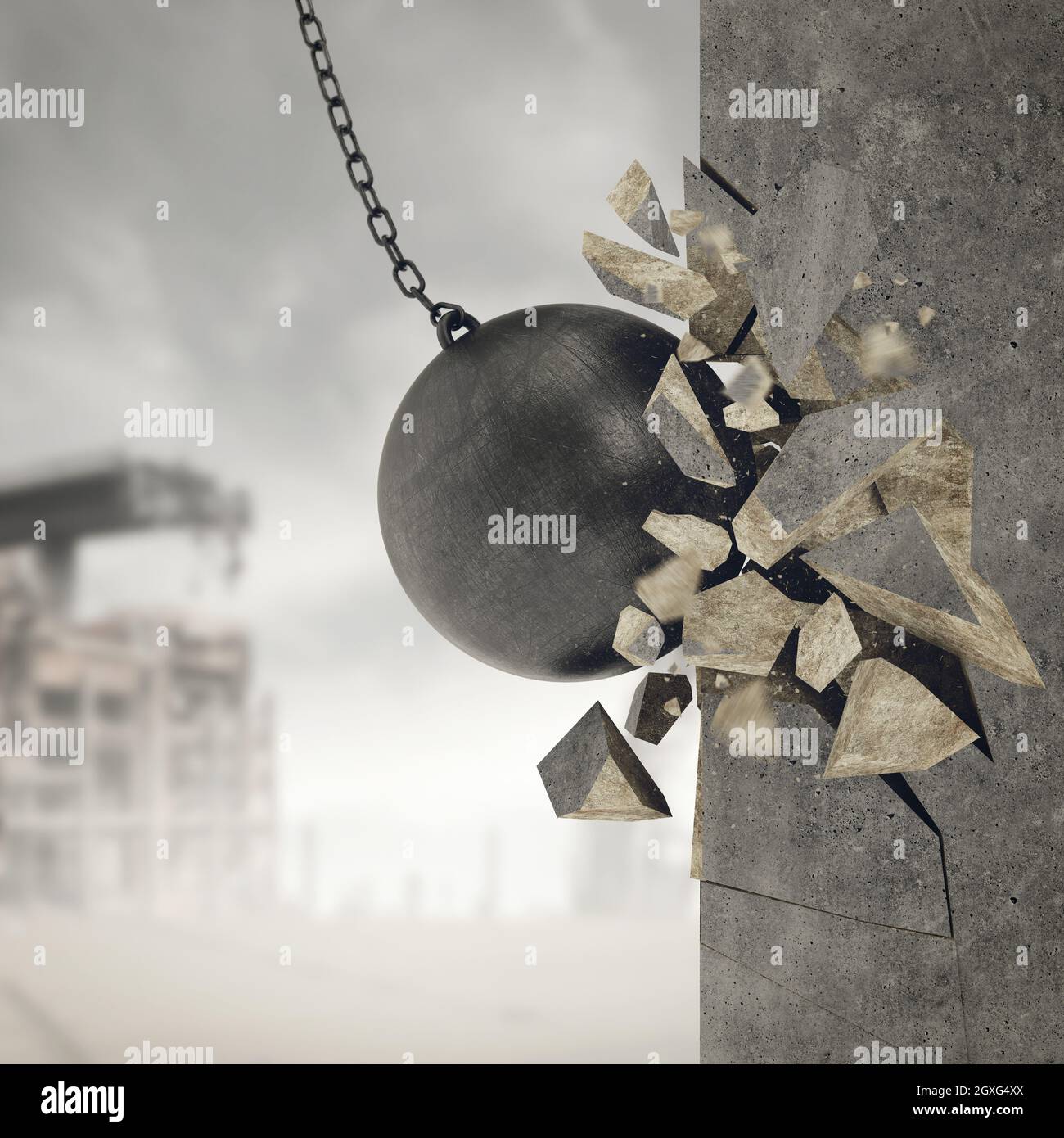 Wall of a building demolished and broken by a ball of steel. mixed ...