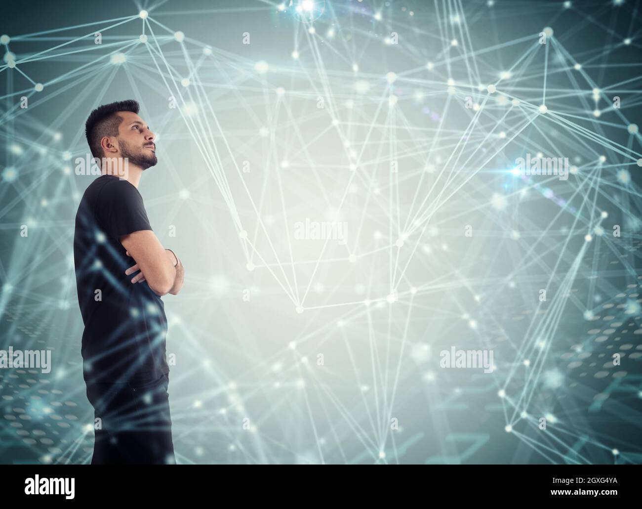 Man in a interconnection spheres connected each other. System of ...