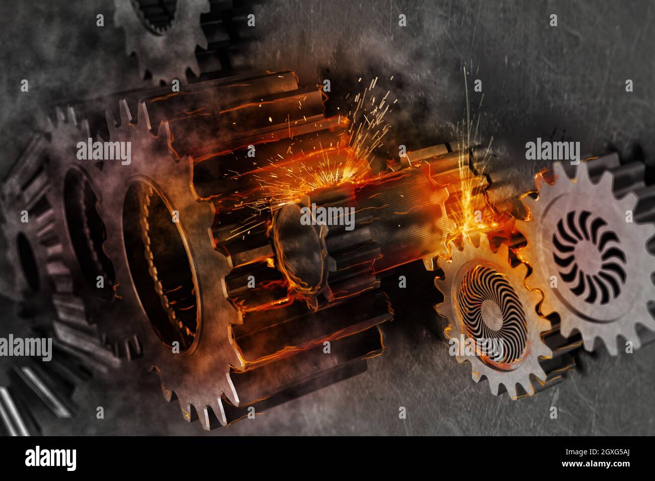 System of a mechanism gear move together with sparks of fire. 3D ...