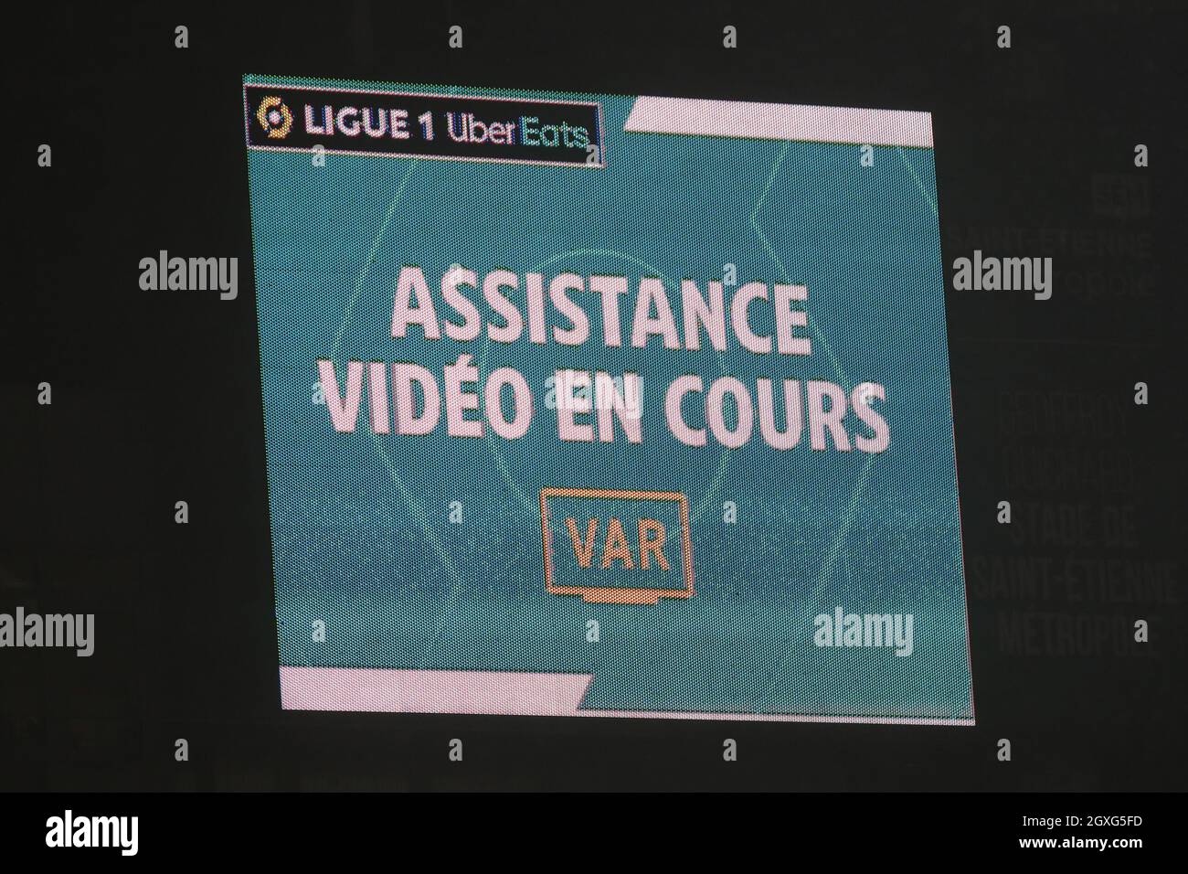 VAR during the French championship Ligue 1 football match between AS Saint-Etienne and Olympique Lyonnais on October 3, 2021 at Geoffroy Guichard stadium in Saint-Etienne, France - Photo: Romain Biard/DPPI/LiveMedia Stock Photo