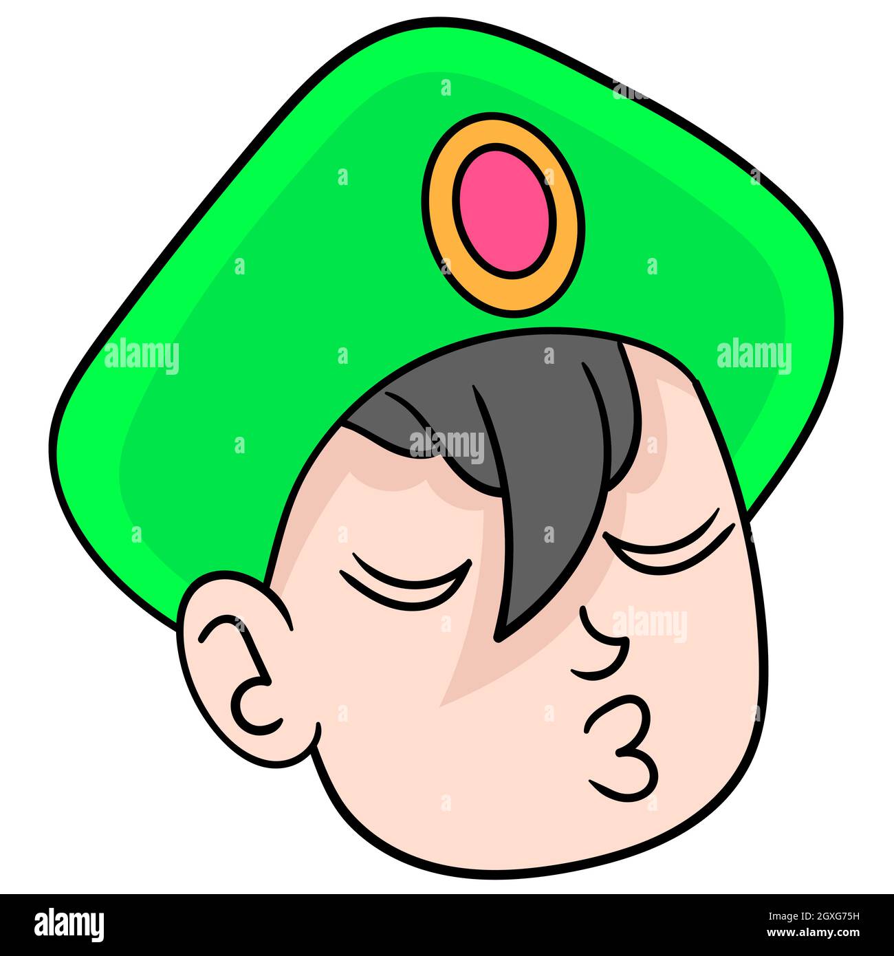 aladin head wearing a green turban with lips kissed face Stock Vector