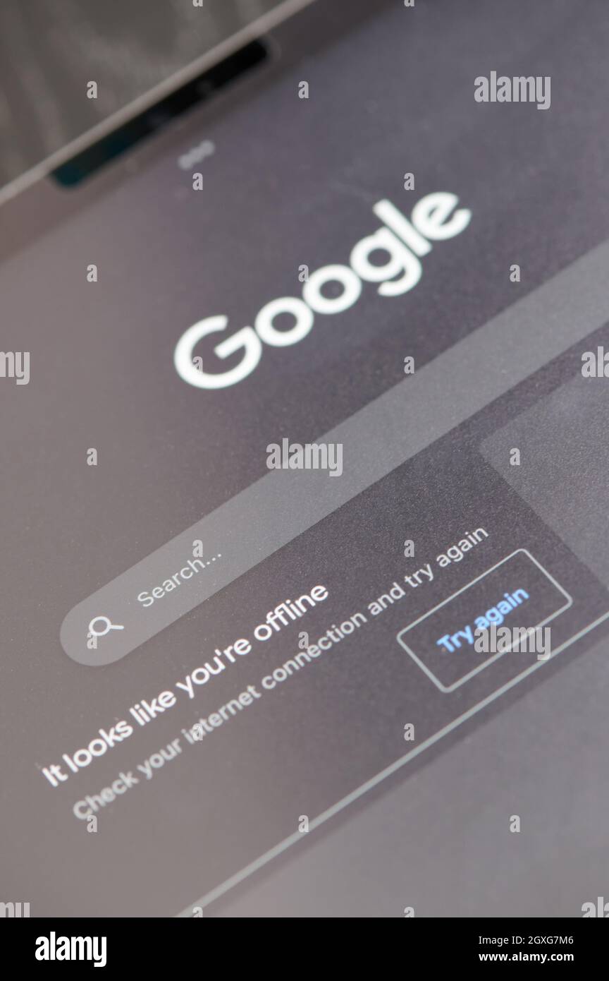 New york, USA - October 5 2021: Offline mode in google service on tablet screen close up view Stock Photo